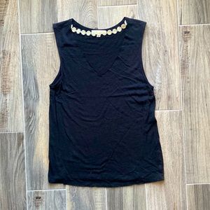 BLACK VNECK TANK WITH EMBROIDERED SUNFLOWER CHOKER DETAIL SIZE SMALL